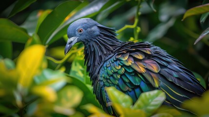 Wall Mural - Enigmatic capture of a Nicobar pigeon perfectly camouflaged among the leaves, its stunning plumage blending effortlessly into the vibrant greenery of the tropical rainforest.