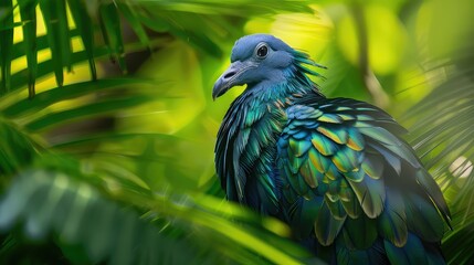 Wall Mural - Captivating close-up of an unusual Nicobar pigeon hidden amidst the lush greenery of the tropical rainforest, its intricate plumage adding to its mysterious allure.