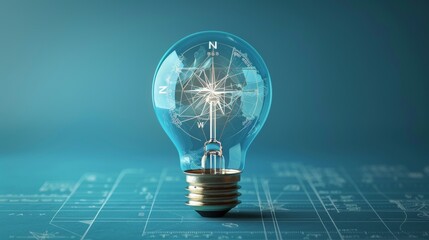 Wall Mural - Creativity and Design: A 3D vector illustration of a lightbulb with a compass and blueprint inside