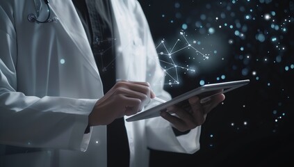 Doctor holding an iPad with medical data floating around, digital glowing connections between devices and health information in the background. copy space for text.