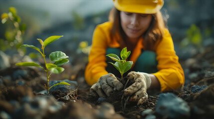 A woman in yellow hard hat is planting a tree.