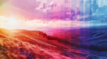 An innovative design concept showing the gradual transformation of a landscape from a vivid halftone pattern to a fullcolor photograph