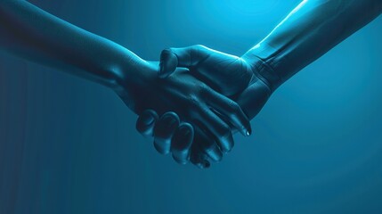 Poster - A digital handshake on blue technical backdrop with empty space for text or product. copy space for text.