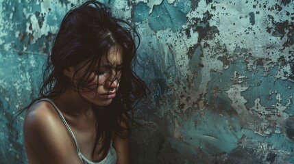 Wall Mural - A young woman in distress is sobbing alone against a gritty concrete wall grappling with the aftermath of substance use a poignant depiction of drug addiction and the struggle with withdraw