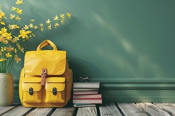 Yellow school bag with books and accessory on empty green chalkboard. Back to school concept background 3D Rendering