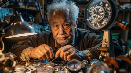 The picture of the adult professional watchmaker working inside workshop that has been filled with various kind of clock and watch, watchmaker need to use concentration and accuracy fix clock. AIG43.