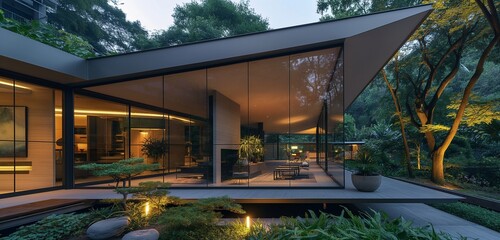 Wall Mural - A groundbreaking angular home design, with floor-to-ceiling windows that blur the line between inside and out, surrounded by a simple yet stunning minimalist garden.