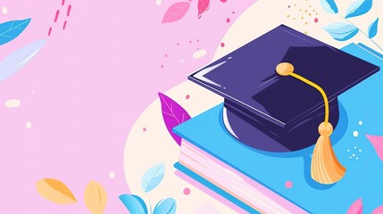 Wall Mural - A graduation cap sits on a stack of books. The background is pink and decorated with leaves and flowers.