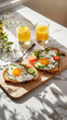 healthy food picture. egg and vegetable sandwiches on a wooden tray