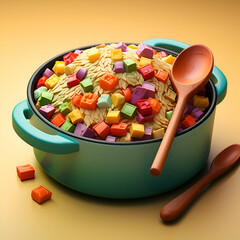 Wall Mural - Colored wooden cubes in a bowl with a spoon on a yellow background