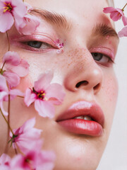 Wall Mural - Young woman model surrounded by flowers. In the style of fashion editorial. Face in flowers