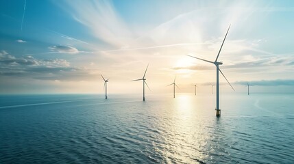 Aufkleber - offshore windmill park with clouds and a blue sky windmill park in the ocean aerial view with wind turbine Flevoland Netherlands Ijsselmeer Green energy : Generative AI