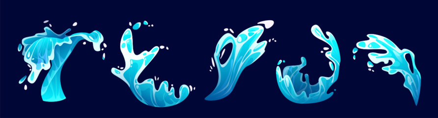 Wall Mural - cartoon water splash. vector illustration set of sea wave for surf with drop and burst. blue liquid 