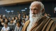 © Rainister - An old man with a long white beard and wearing a brown robe is standing in a large room, there are many people sitting in rows in front of him, he is looking at them with a serious