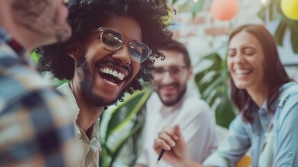 Poster - Happy business people smile during a planning meeting in a startup marketing agency office Diversity collaboration and teamwork in a healthy work environment in an international advert : Generative AI