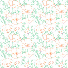 Wall Mural - white seamless pattern with contours of Eschscholzia flowers. California poppy - vector decorative ornament. Pastel colored