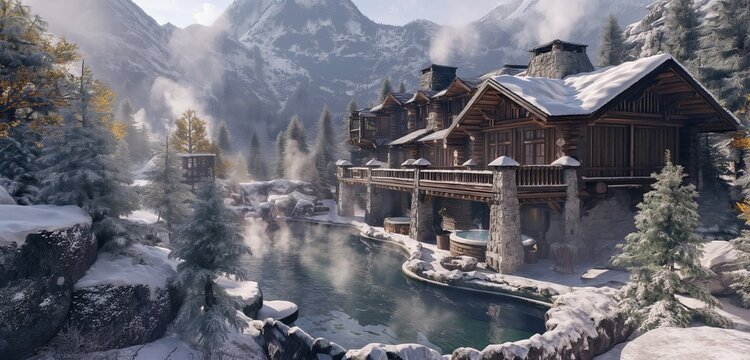 A luxurious mountain lodge with a natural hot spring pool, steam rising into the cold air, surrounded by snow-covered pines and stone accents that blend into the rugged landscape.  