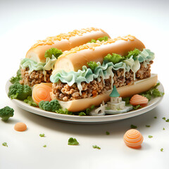 Wall Mural - Tasty hot dog with buckwheat and vegetables on white background