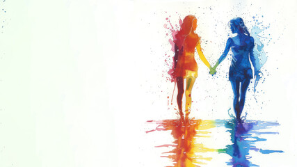 Rainbow watercolor of 2 women holding hands for pride equality celebration