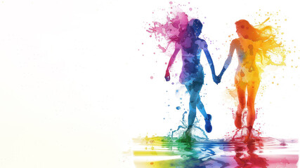 Rainbow watercolor paint of 2 women run for pride equality celebration