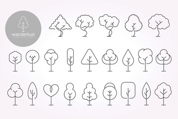 tree line art icon logo template bundle collection. illustration design pack of forest elements