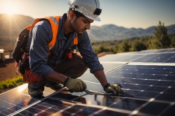 Electrical engineer installing solar panel for alternative renewable green energy generation