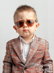 Wall Mural - Sad child dressed in an adult suit and in sunglasses. Boy with a sad face. Child businessman on white background