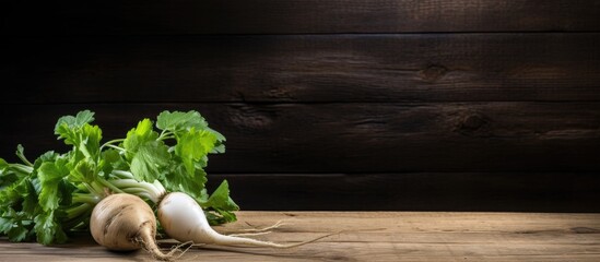 Poster - An image of horse radish on an aged wooden table with empty space for additional content