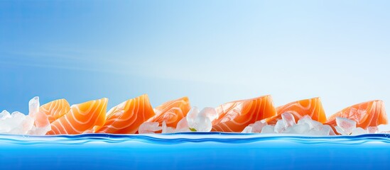 Sticker - A panoramic photo captures a vibrant copy space image of delicious freshly prepared nigiri sushi featuring succulent pieces of salmon resting on a striking blue and orange surface