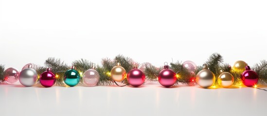 Poster - A festive Christmas decoration featuring a branch of a fir tree adorned with a garland of light balls The vibrant display is set against a clean white background providing an ideal copy space image