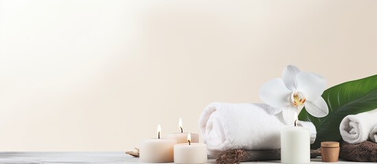 Sticker - Copy space image of spa treatment products on a white paper background providing ample room for text