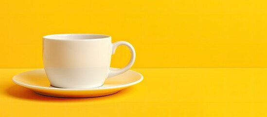Aufkleber - A white cup and saucer are seen on a yellow background with plenty of copy space in the image