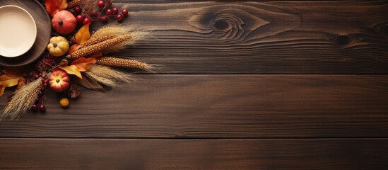 Wall Mural - Copy space image of a Thanksgiving table setting with cutlery on a wooden background evoking the warm colors and cozy atmosphere of autumn