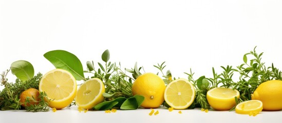 Poster - A copy space image showcasing the combination of lemon and thyme ingredients against a white background