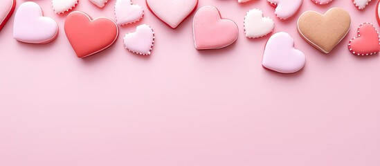 Aufkleber - A Valentine s Day composition featuring heart shaped cookies displayed on a pastel pink background The arrangement is a flat lay with a top view leaving ample copy space in the image