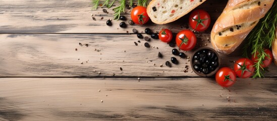 Wall Mural - A scrumptious aromatic Italian loaf resting on a rustic wooden board alongside succulent tomatoes black olives and olive oil Placed on a textured white table perfect for text Top view with copy space
