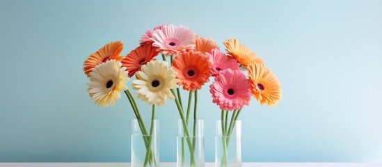 Poster - A stunning arrangement of vibrant gerbera flowers sits gracefully in a vase on a white marble table set against a soft light blue backdrop Ample space is available for adding text to the image