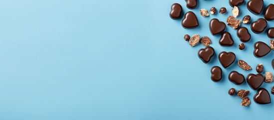 Sticker - Flat lay of yummy heart shaped chocolate candies with nuts on a light blue backdrop providing ample space for text or messages