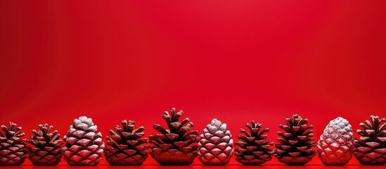 Poster - A festive arrangement of pine cones and Christmas ornaments displayed on a vibrant red background perfect for designing greeting cards Ample copy space available