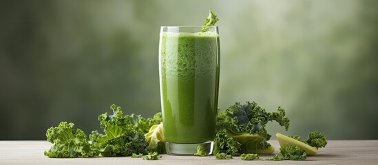 Poster - A visually pleasing arrangement featuring a kale smoothie on a grey table designed with ample empty space for text or other elements