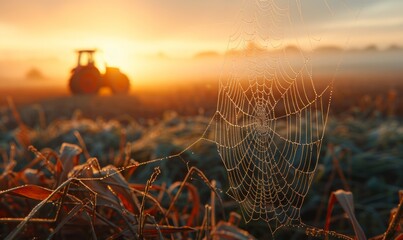 Spider webs in the foreground of a foggy farm field at dawn with a tractor in the distance