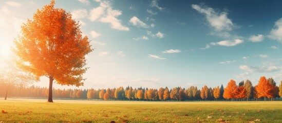 Poster - Autumn park scenery with vibrant leaves against a backdrop of the sky Perfect for a copy space image