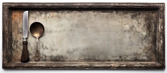 Poster - A vintage tray with antique cutlery including a spoon and knife is featured in a top down view on a white background arranged flatlay style leaving empty space for other images. Creative banner