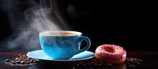 Poster - There is a copy space image of a partially consumed doughnut placed beside a steaming cup of coffee