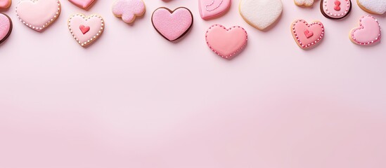 Aufkleber - A Valentine s Day composition featuring heart shaped cookies displayed on a pastel pink background The arrangement is a flat lay with a top view leaving ample copy space in the image