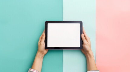Person hand tablet with empty screen isolated trendy color background, Mobile application product advertisement mockup concept