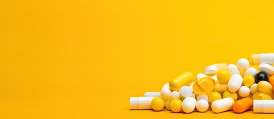 Aufkleber - A variety of medications including tablets pills and capsules displayed on a vibrant yellow background with room for additional images Emphasizes the idea of medicine and treatment