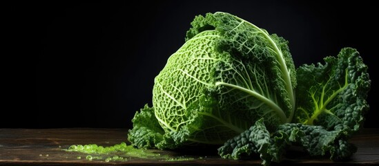 Poster - Organically grown savoy cabbage on a black wooden table captured in a copy space image