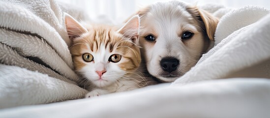 Poster - A cute kitten and puppy cuddle up under a cozy white blanket on a home bed seen from above in a top down view. Creative banner. Copyspace image