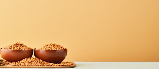Poster - Bowls of dry uncooked red lentils are arranged on a table with a light colored background creating a copy space image